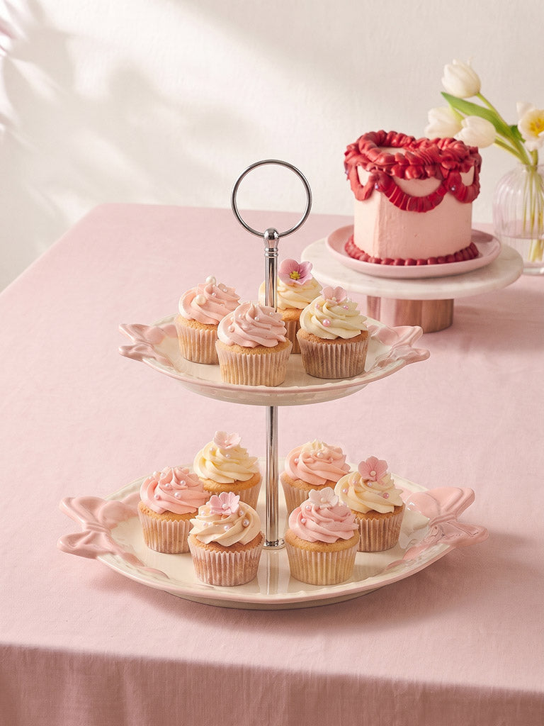 Westside Home White Bow-Detailed Two-Tiered Cake Stand