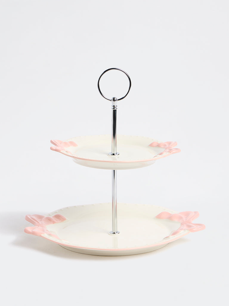 Westside Home White Bow-Detailed Two-Tiered Cake Stand