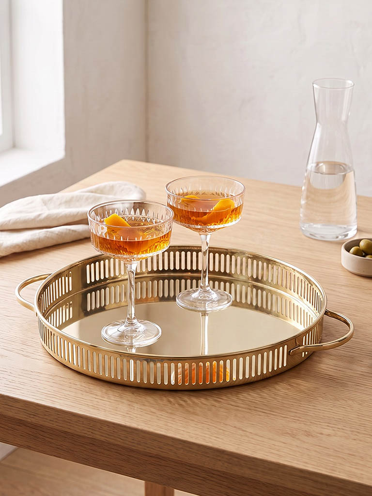 Westside Home Gold Metal Cutout-Detail Round Serving Tray
