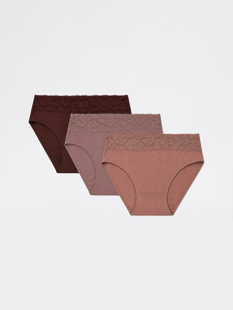 Wunderlove Brown Lace Detailed Cotton-Blend Hi-Leg Briefs Pack of 3