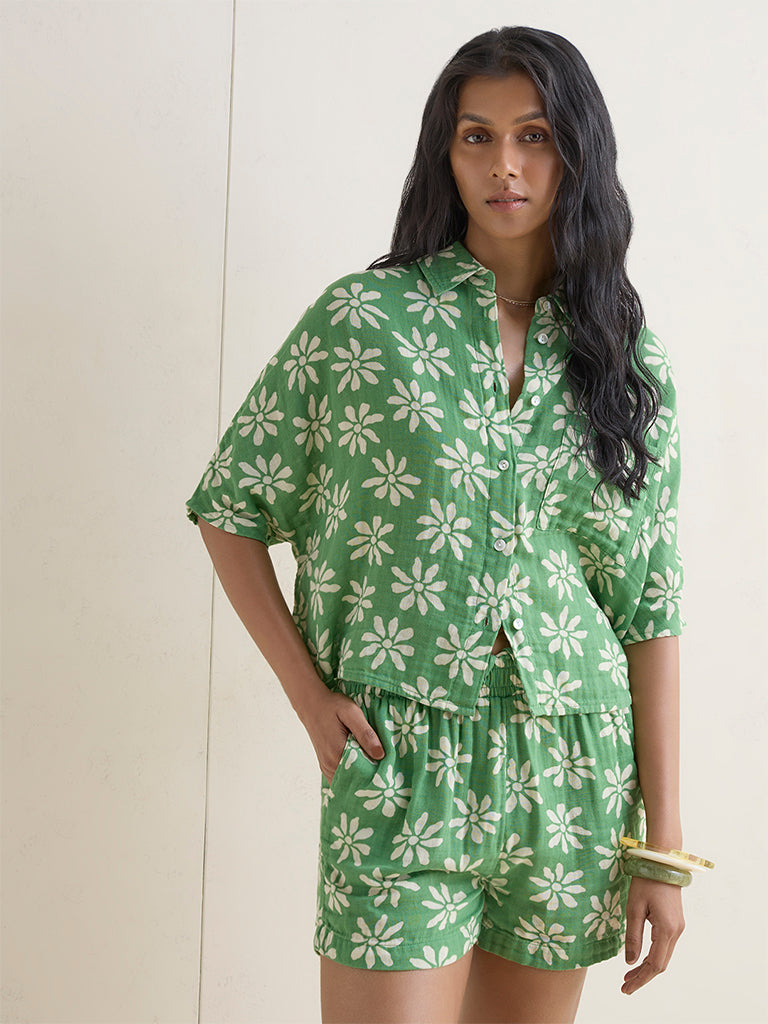 Wunderlove Green Floral Printed Cotton Beach Shirt