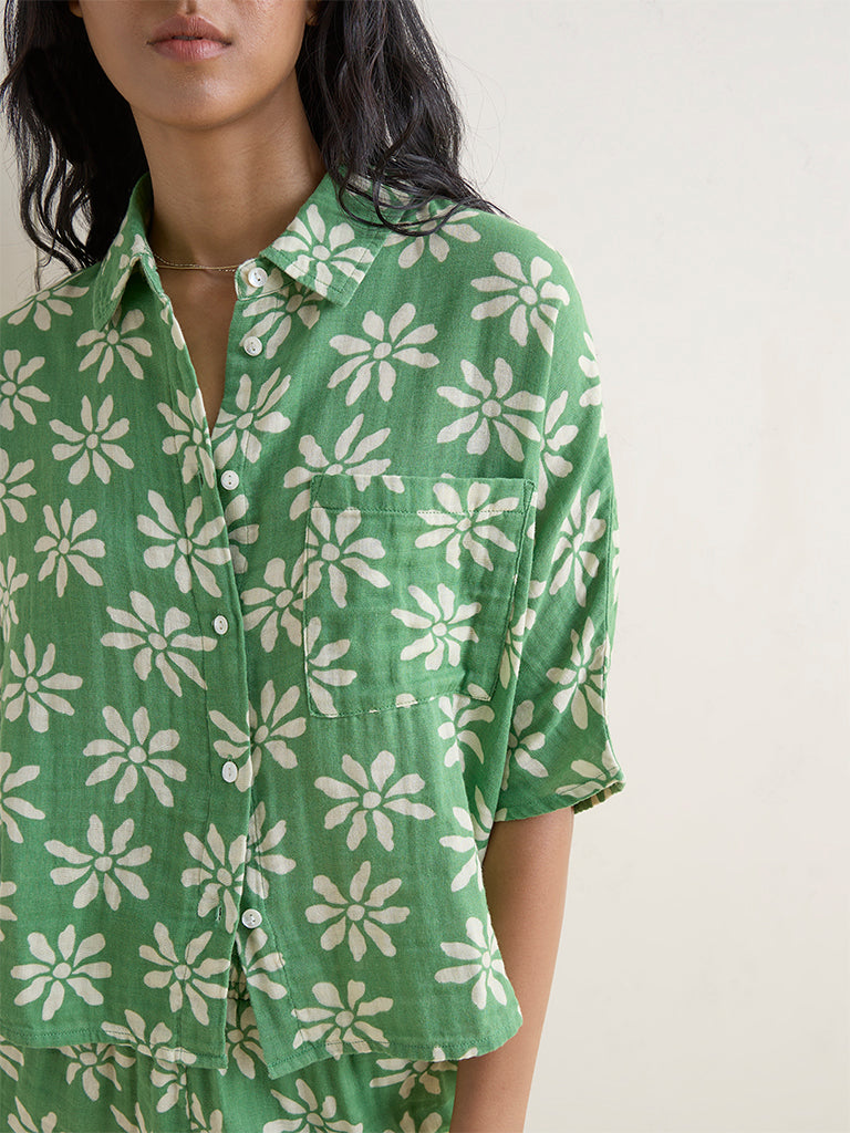 Wunderlove Green Floral Printed Cotton Beach Shirt