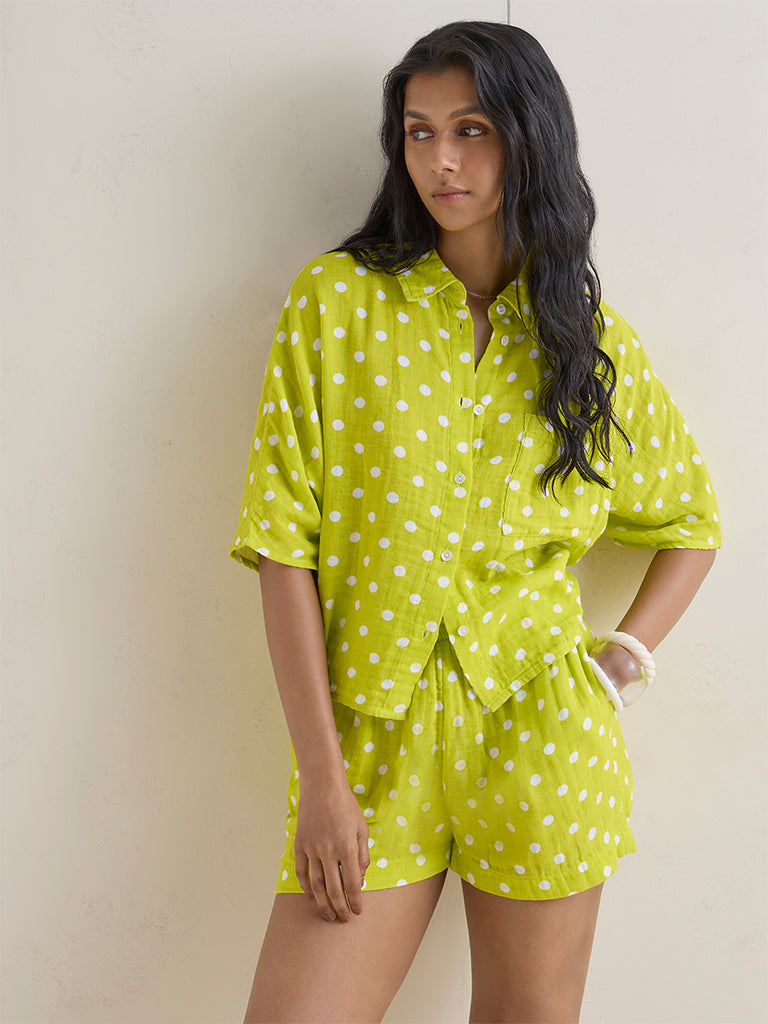 Wunderlove Lime Polka Dot Printed Cotton Beach Shirt