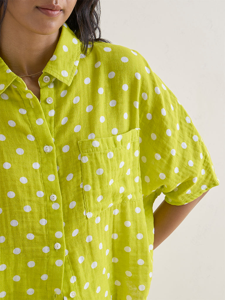 Wunderlove Lime Polka Dot Printed Cotton Beach Shirt
