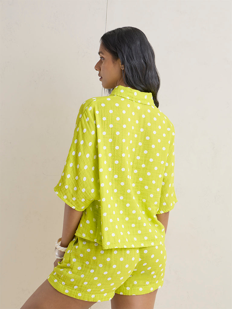 Wunderlove Lime Polka Dot Printed Cotton Beach Shirt
