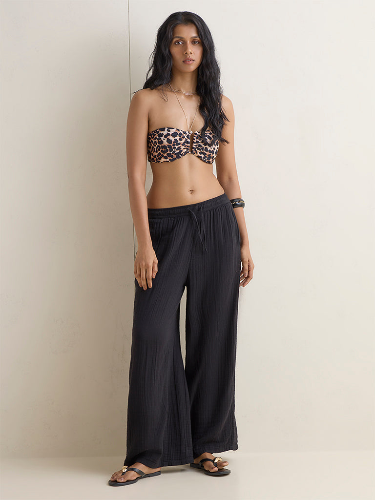 Wunderlove Black Crinkle-Textured High-Rise Cotton Beach Pants