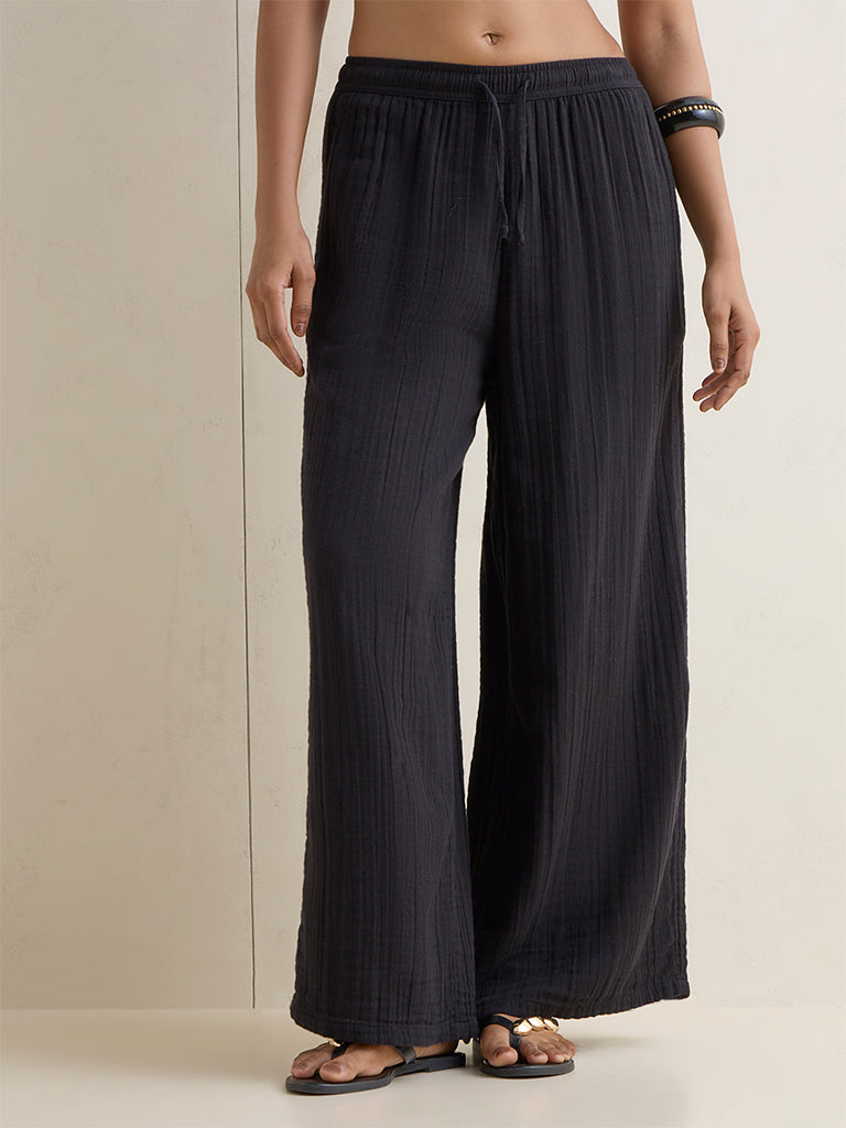 Wunderlove Black Crinkle-Textured High-Rise Cotton Beach Pants