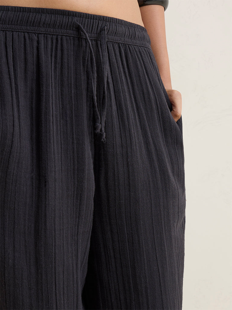Wunderlove Black Crinkle-Textured High-Rise Cotton Beach Pants