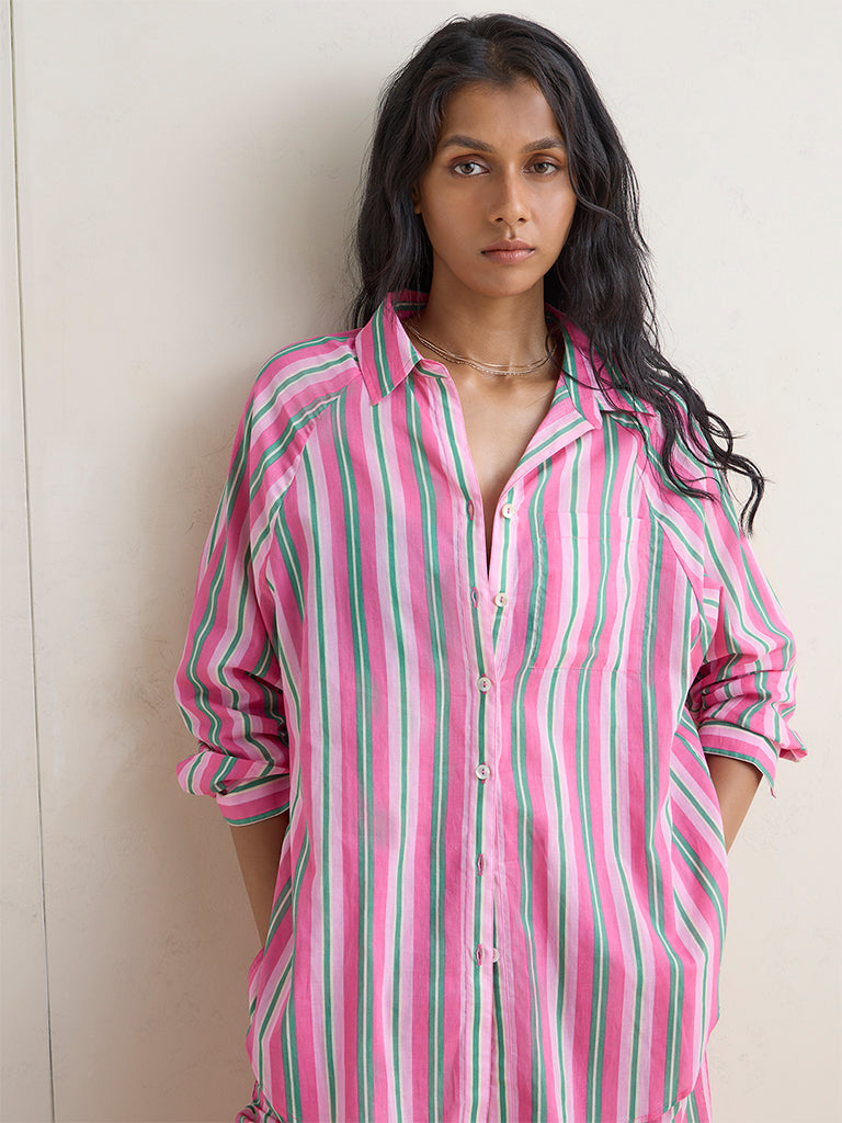 Wunderlove Pink Striped Oversized Cotton Beach Shirt