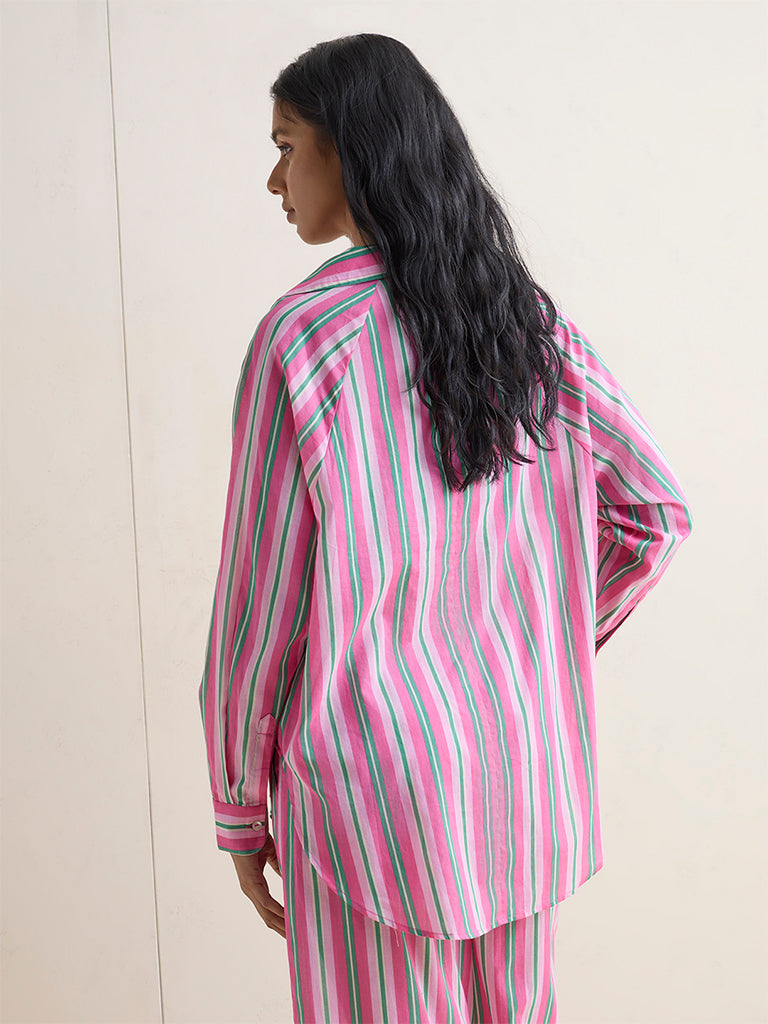 Wunderlove Pink Striped Oversized Cotton Beach Shirt