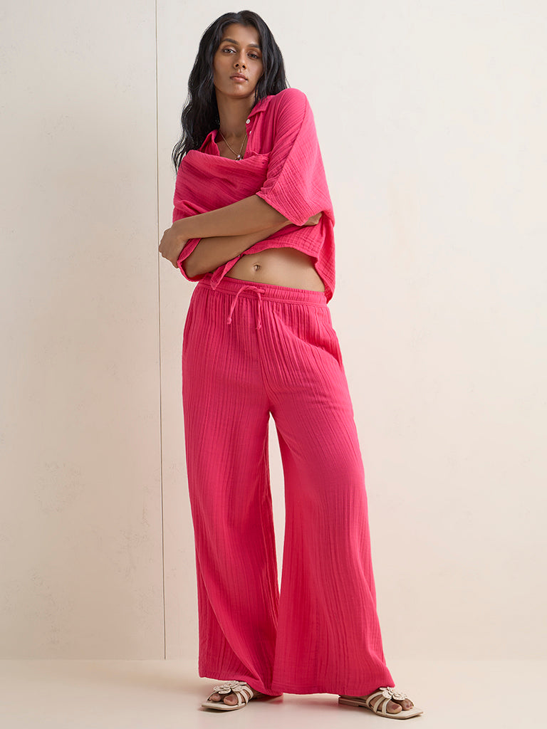 Wunderlove Fuchsia Crinkle-Textured High-Rise Cotton Beach Pants