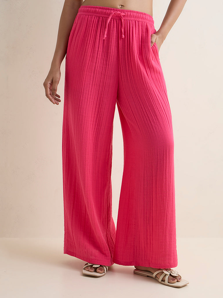 Wunderlove Fuchsia Crinkle-Textured High-Rise Cotton Beach Pants
