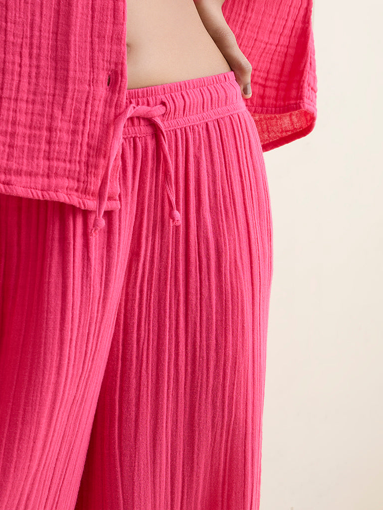 Wunderlove Fuchsia Crinkle-Textured High-Rise Cotton Beach Pants