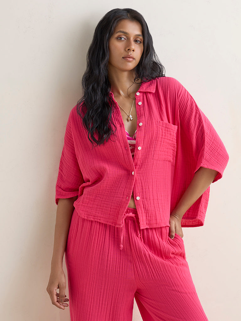 Wunderlove Fuchsia Crinkle-Textured Cotton Beach Shirt