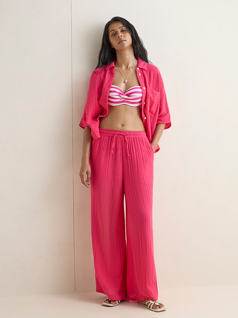 Wunderlove Fuchsia Crinkle-Textured Cotton Beach Shirt