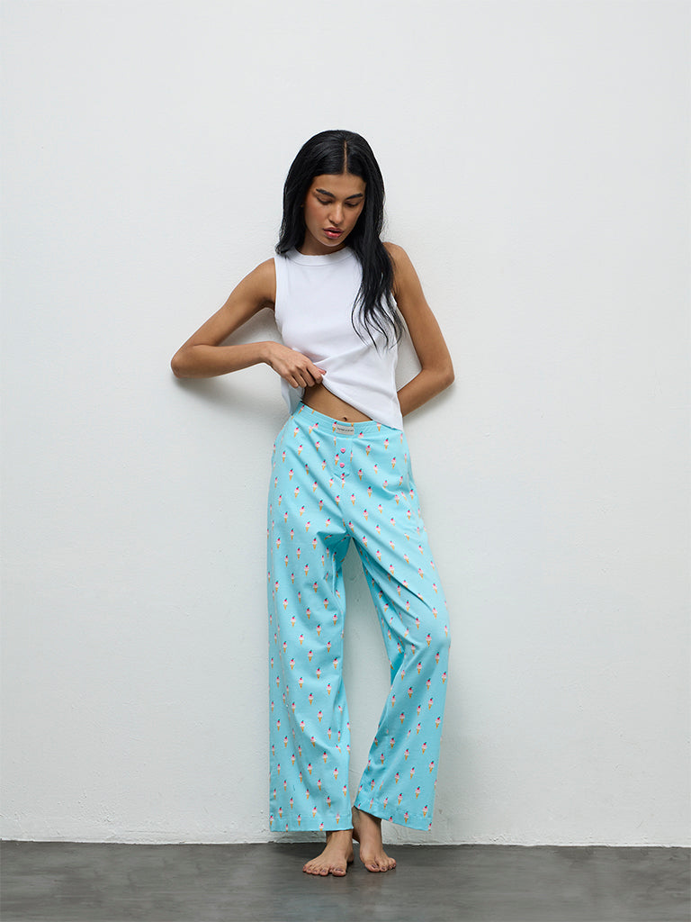 Superstar Blue Printed High-Rise Cotton-Blend Pants