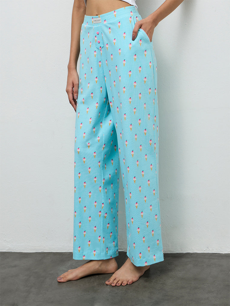 Superstar Blue Printed High-Rise Cotton-Blend Pants