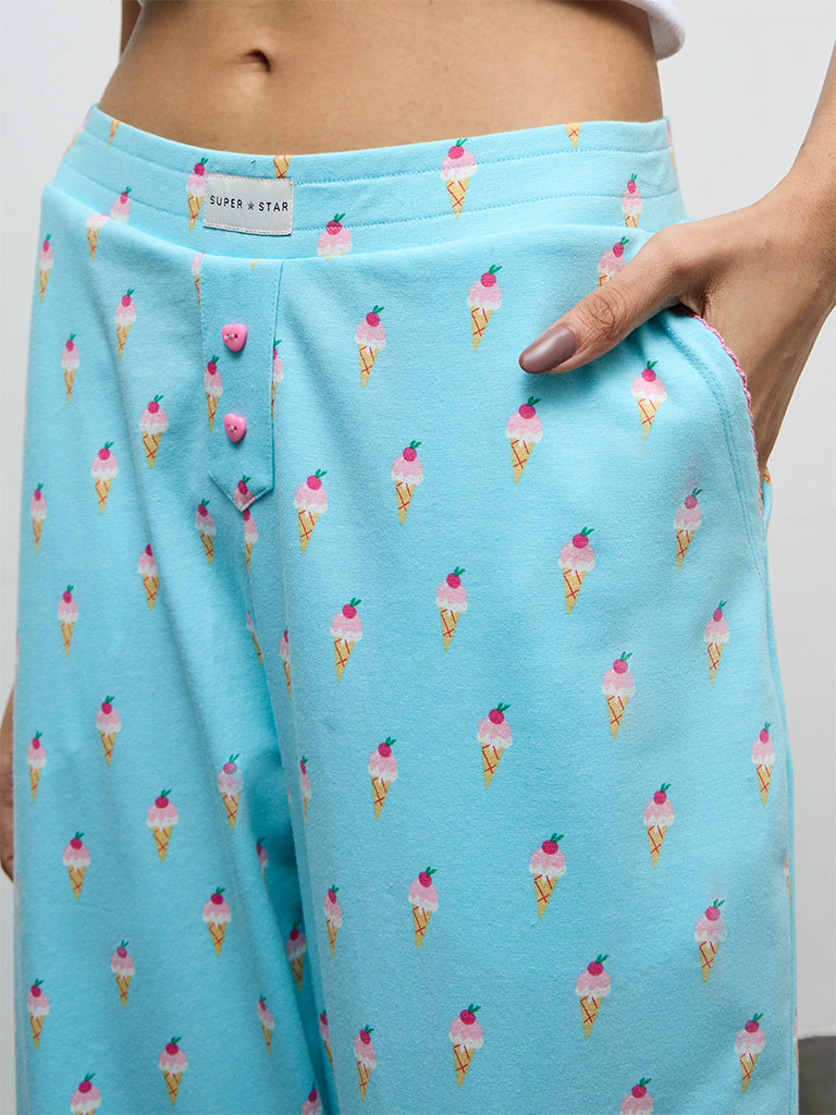 Superstar Blue Printed High-Rise Cotton-Blend Pants