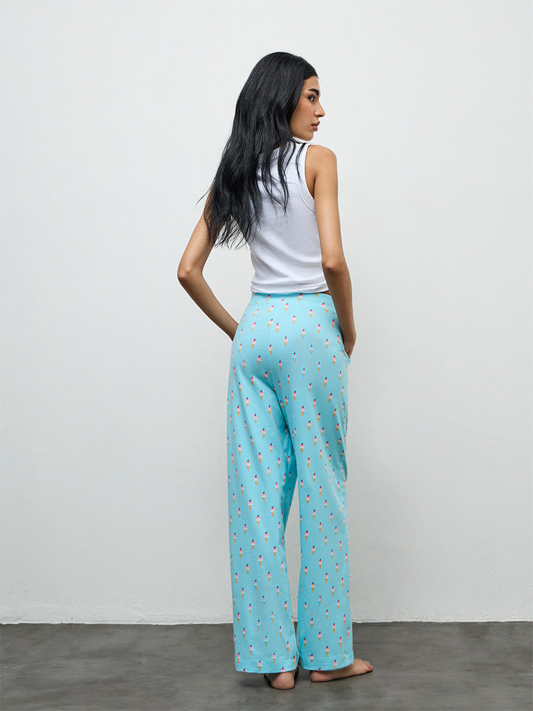 Superstar Blue Printed High-Rise Cotton-Blend Pants