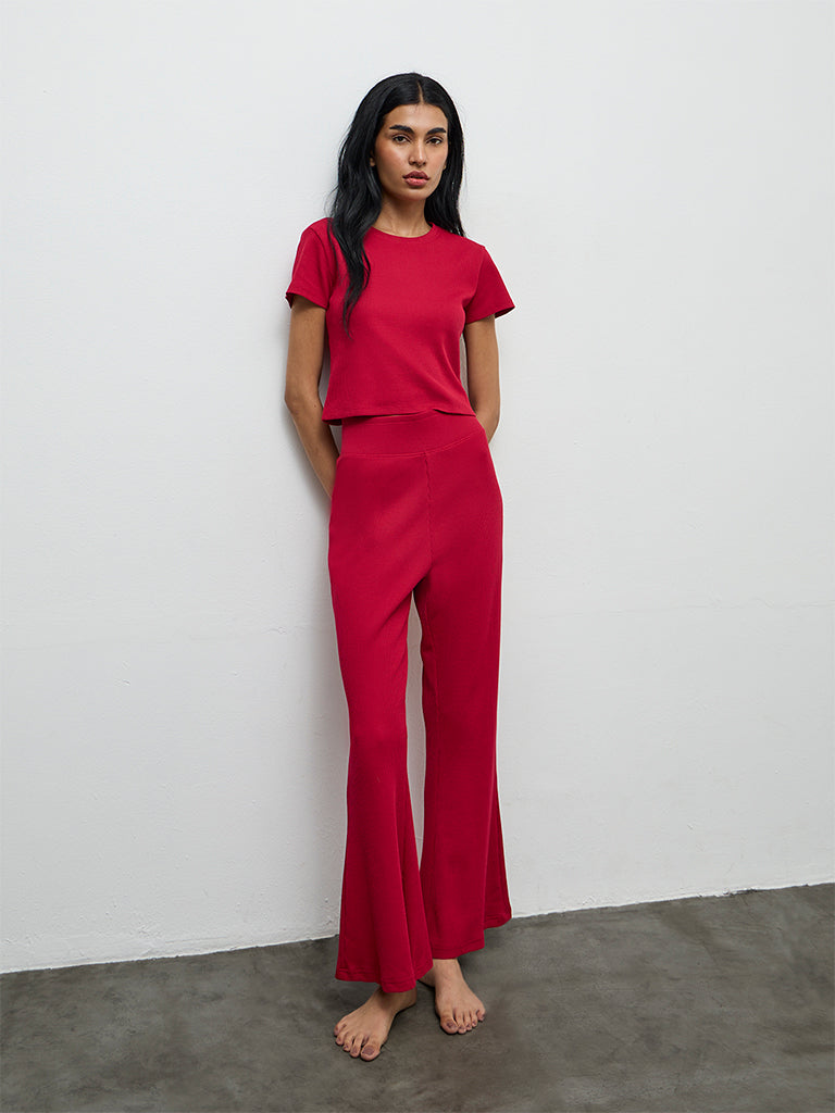 Superstar Red Waffle-Textured High-Rise Pants