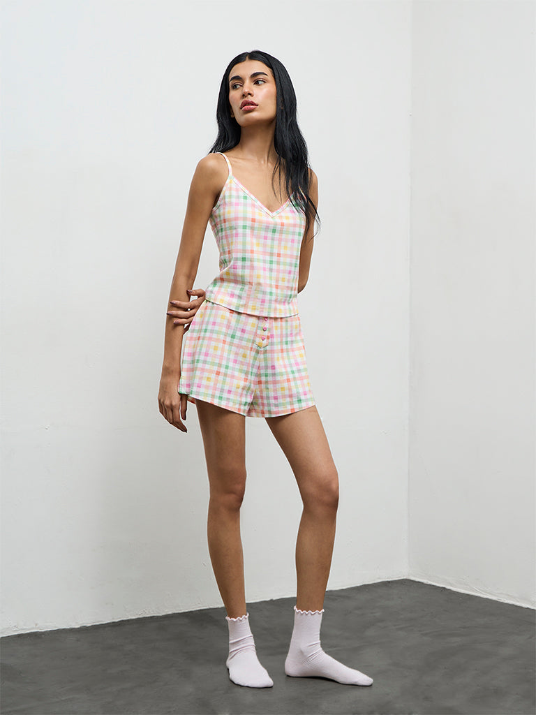 Superstar Multicolor Checkered High-Rise Cotton-Blend Shorts