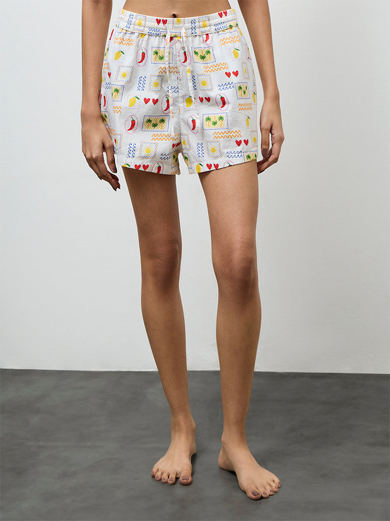 Superstar White Printed High-Rise Cotton Shorts