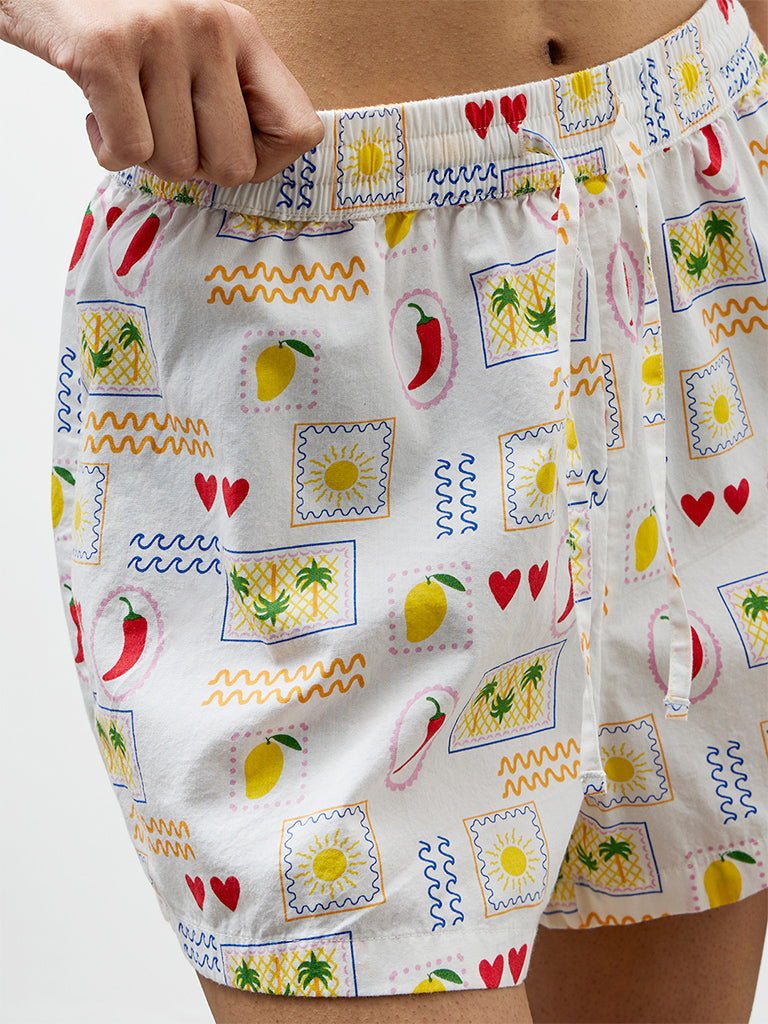 Superstar White Printed High-Rise Cotton Shorts