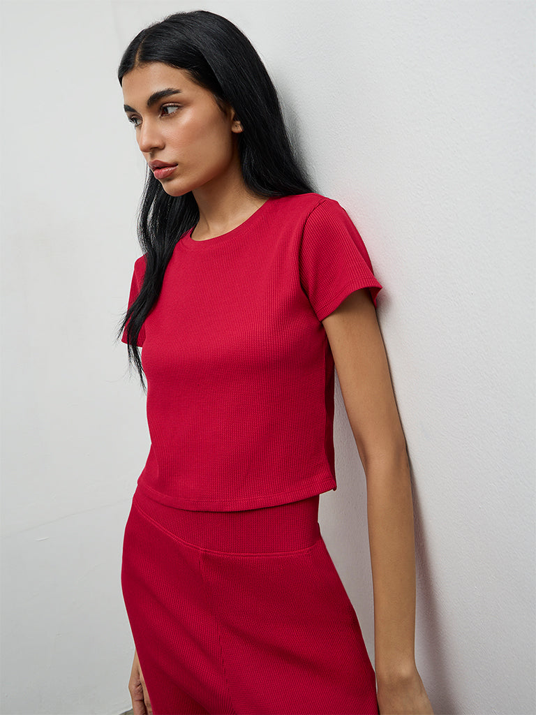Superstar Red Waffle-Textured Top