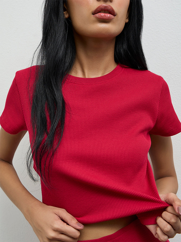 Superstar Red Waffle-Textured Top