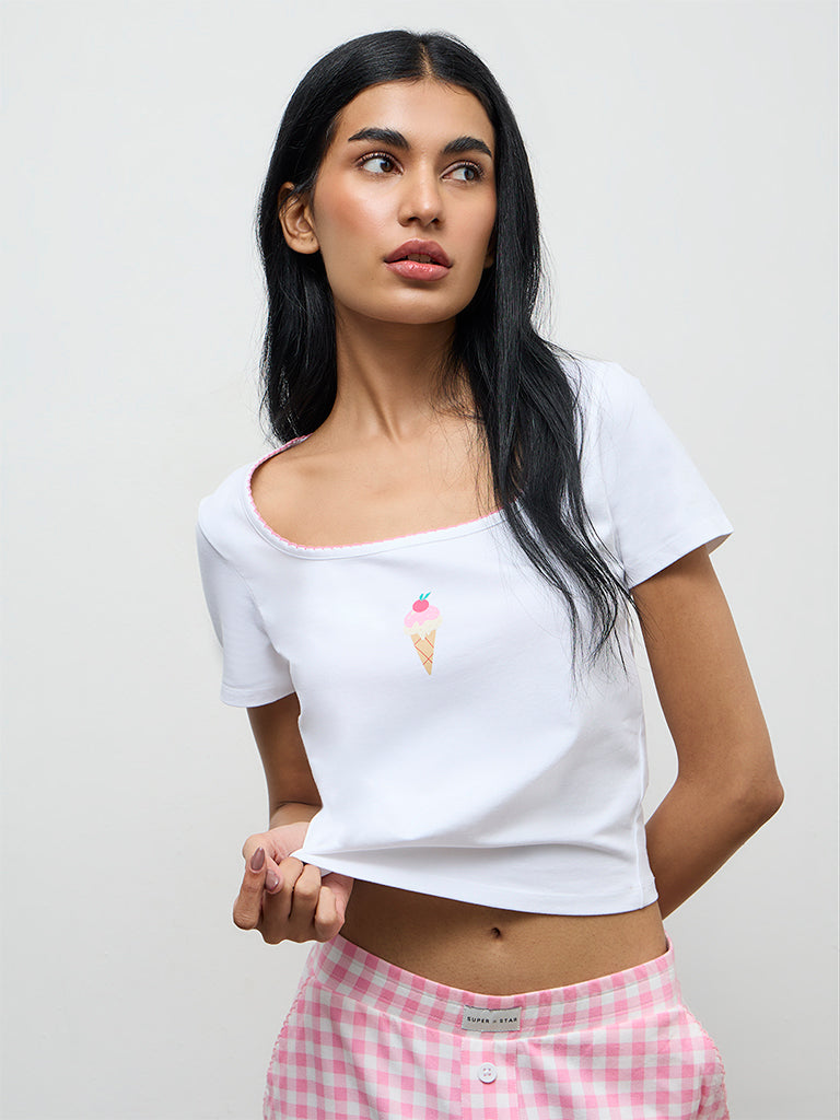 Superstar White Printed Cotton-Blend Top