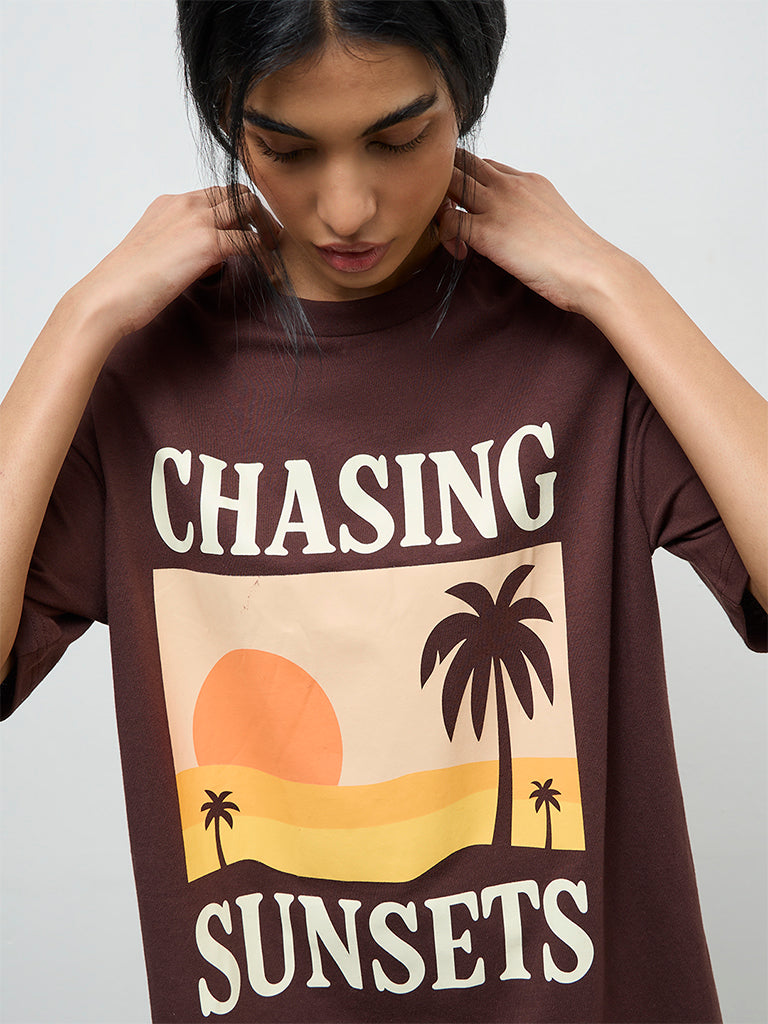 Superstar Dark Brown Graphic Printed Cotton T-Shirt Dress