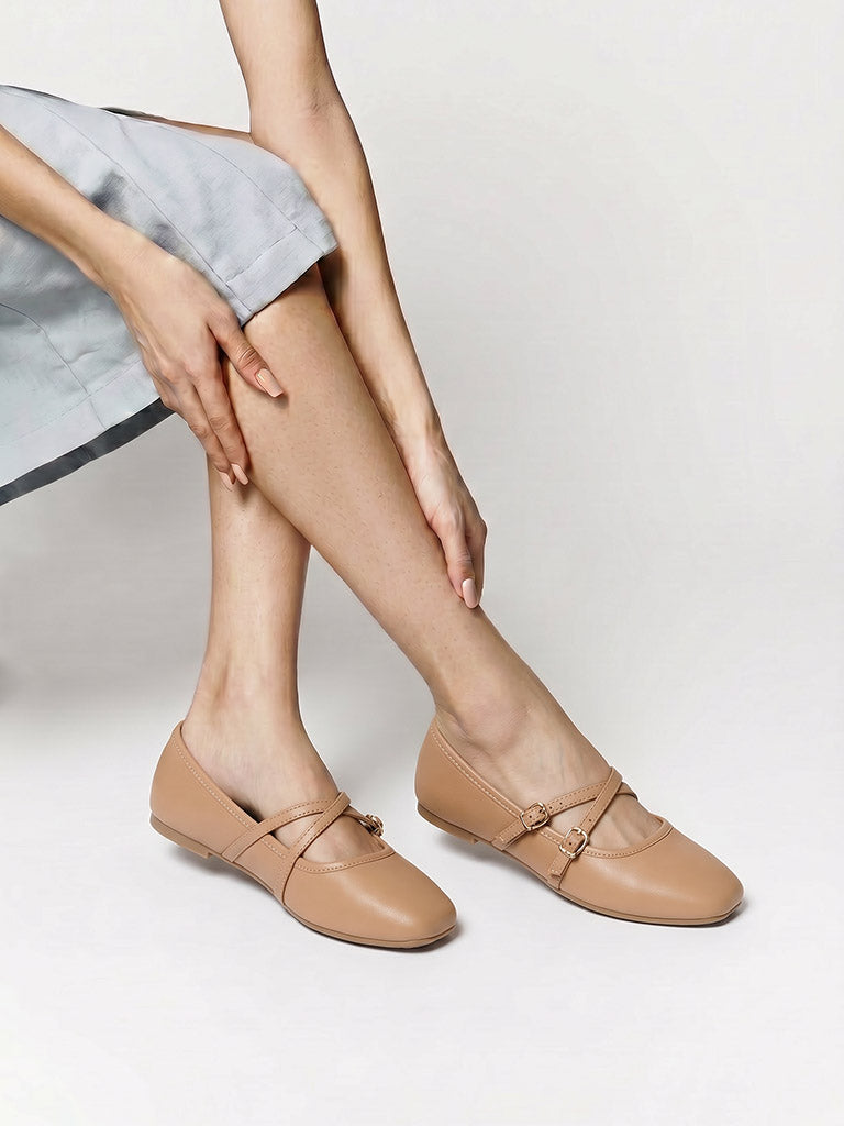 LUNA BLU Dark Beige Criss-Cross Strap Mary Jane Shoes