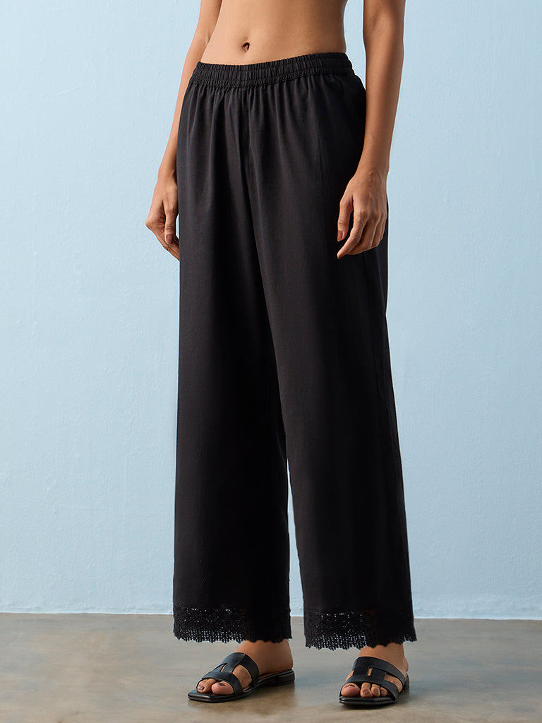 Utsa Black Lace-Detailed Cotton-Blend Pants