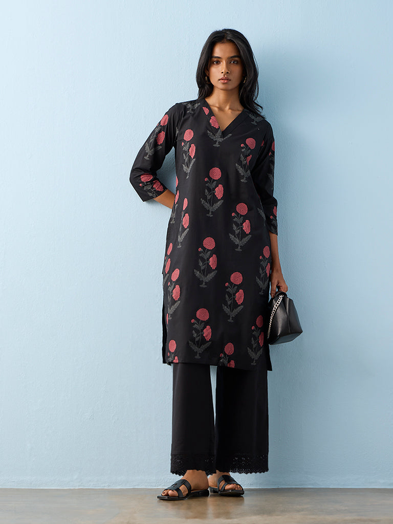Utsa Black Lace-Detailed Cotton-Blend Pants