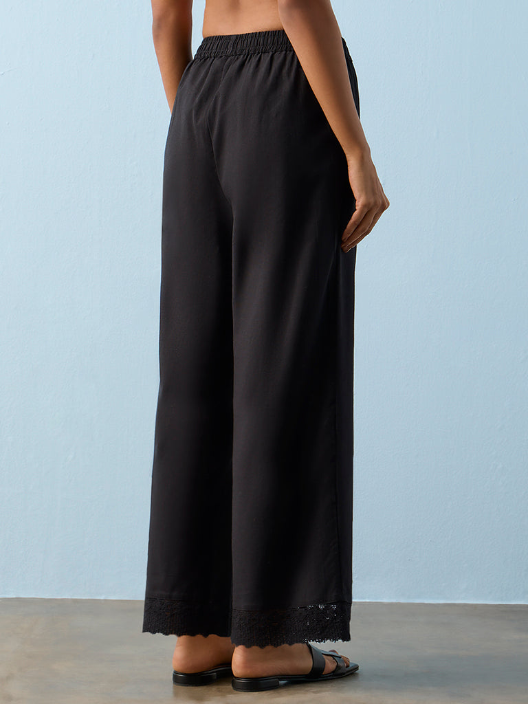 Utsa Black Lace-Detailed Cotton-Blend Pants