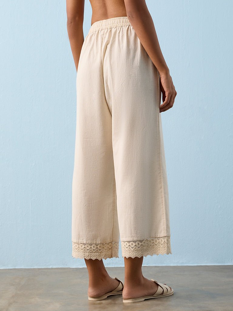 Utsa Beige Lace-Detailed Cotton-Blend Pants