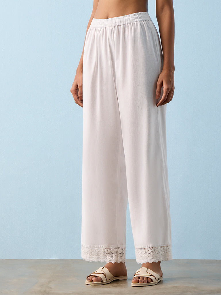 Utsa White Lace-Detailed Cotton-Blend Pants