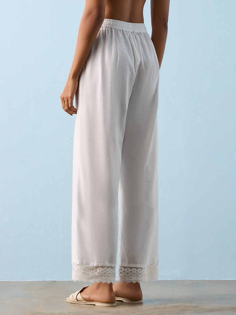 Utsa White Lace-Detailed Cotton-Blend Pants