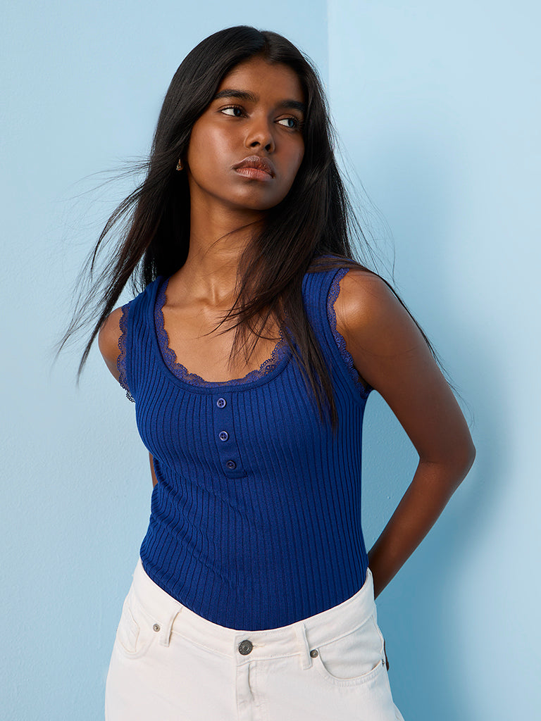 Buy Nuon Blue Ribbed-Textured Tank Top from Westside