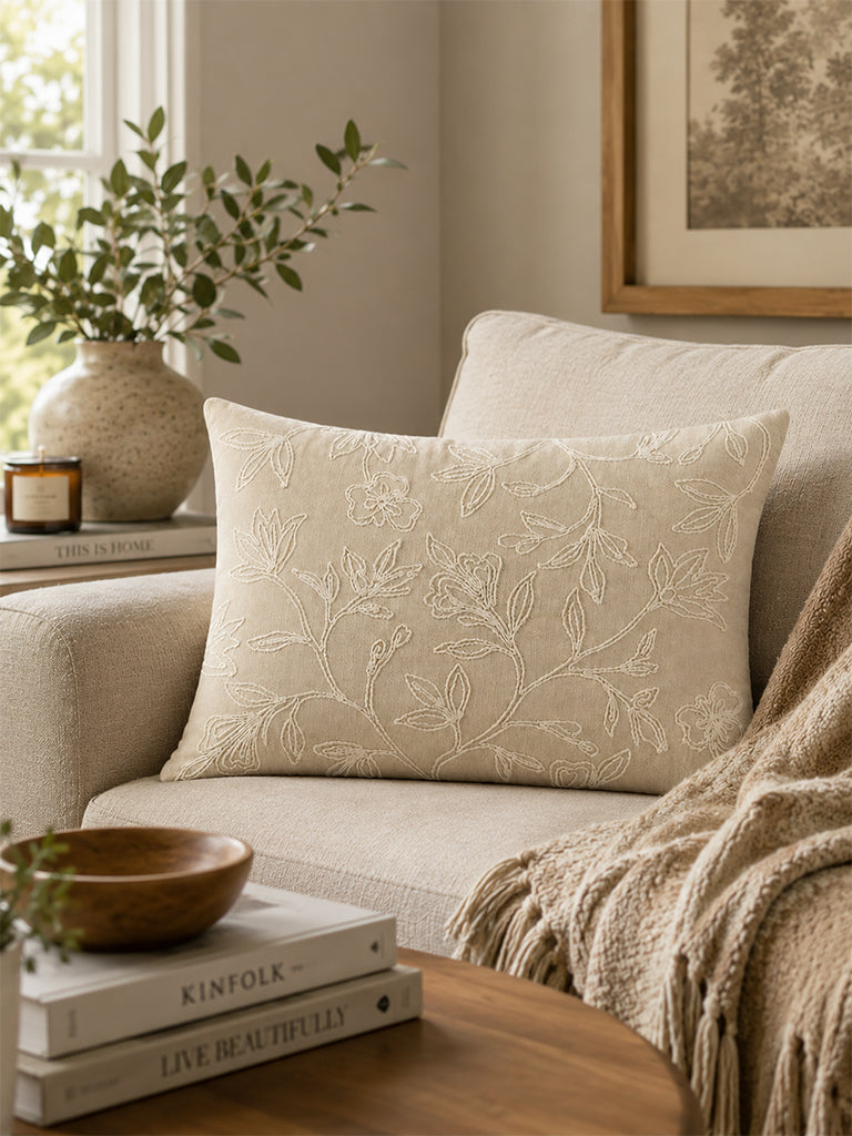 Westside Home Light Beige Floral Embroidered Cushion Cover