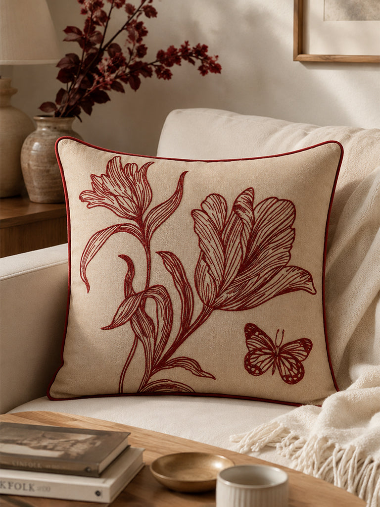 Westside Home Red Nature Embroidered Cushion Cover