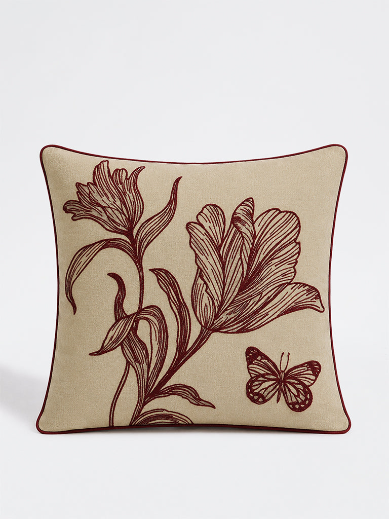 Westside Home Red Nature Embroidered Cushion Cover