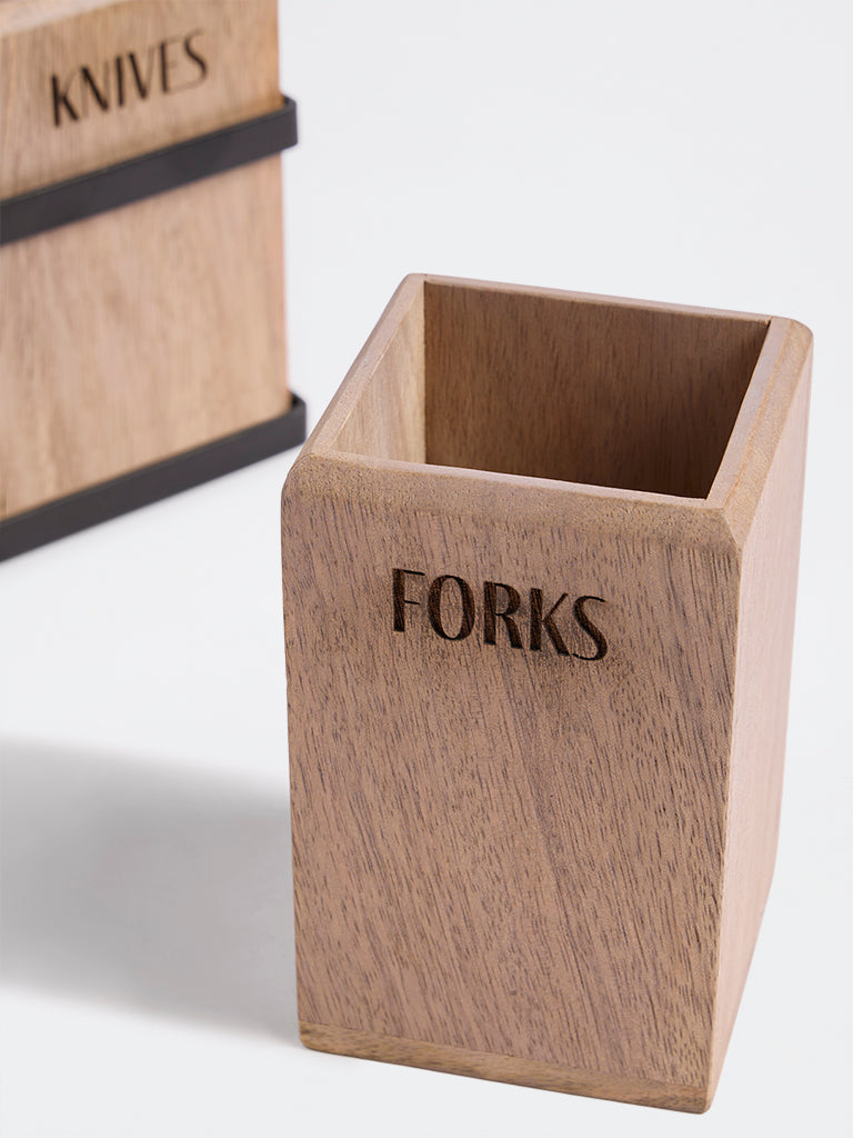 Westside Home Beige Wooden Cutlery Caddy with Metal Handle