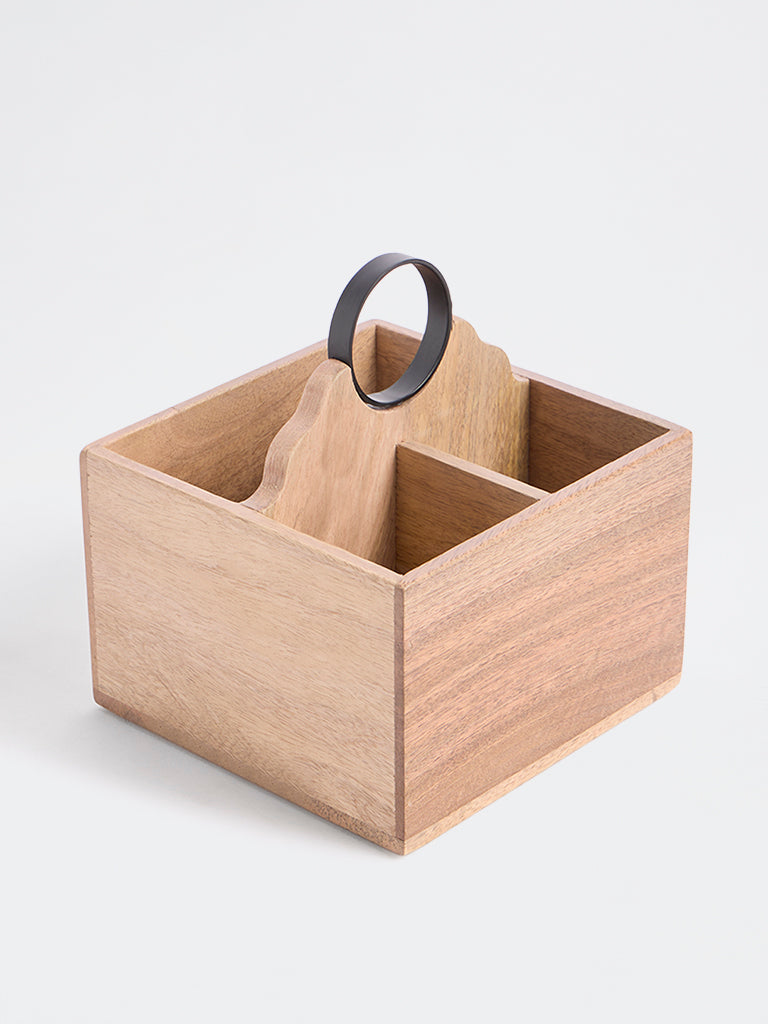 Westside Home Beige Wooden Caddy with Metal Ring Handle