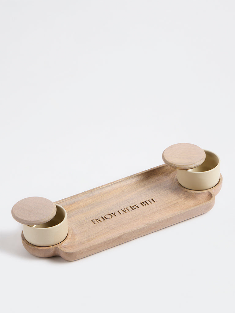 Westside Home Beige Text-Detailed Wooden Chip and Dip Platter