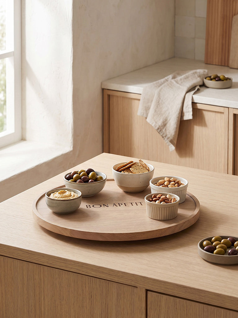 Westside Home Beige Text-Detailed Wooden Round Serving Platter