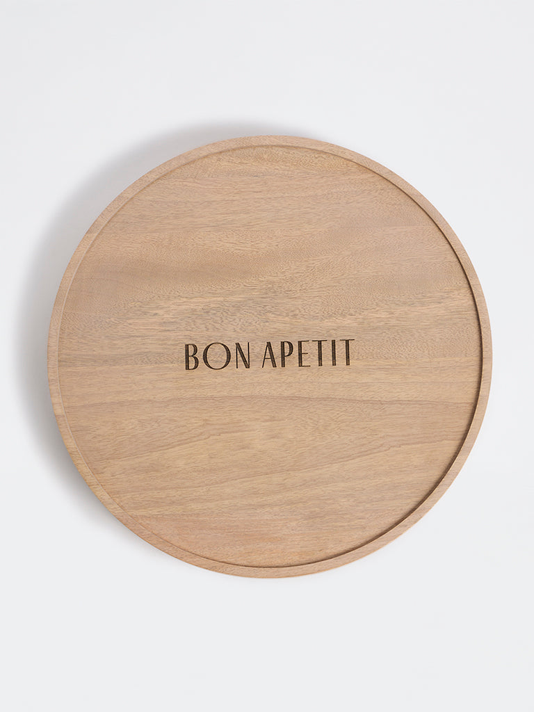 Westside Home Beige Text-Detailed Wooden Round Serving Platter