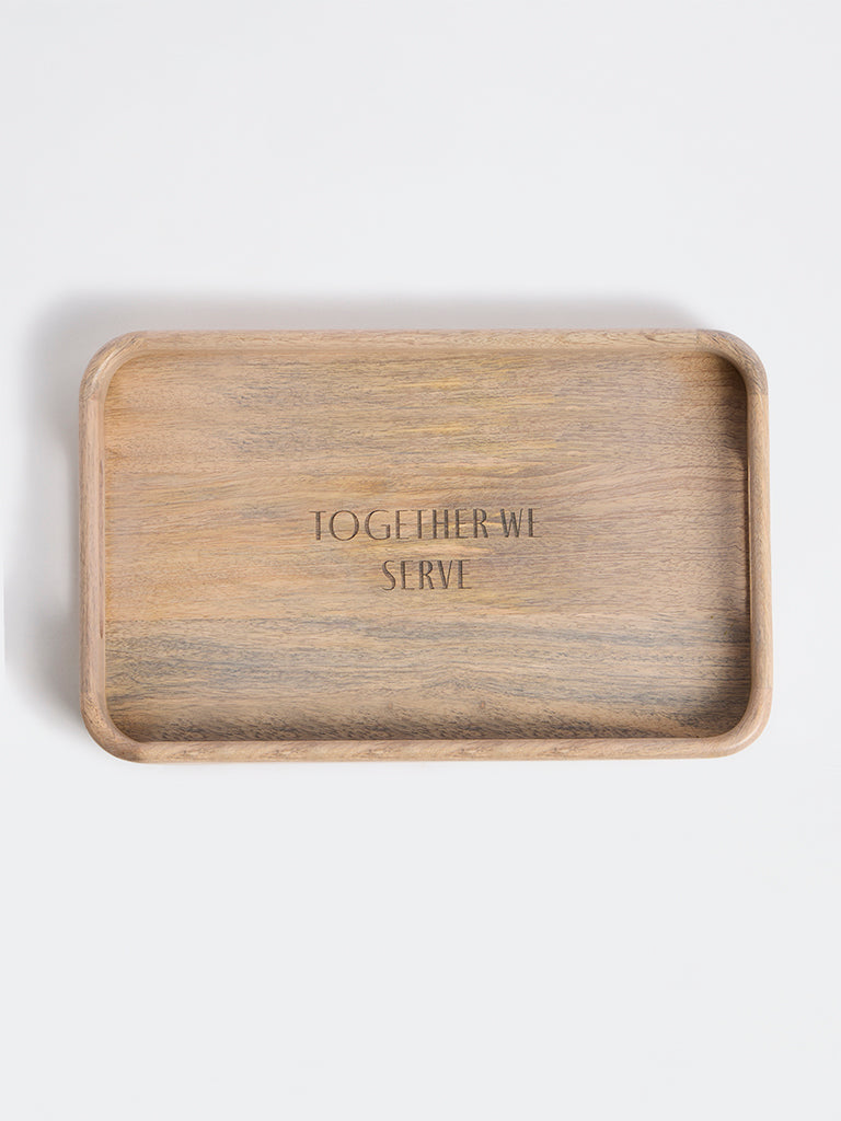 Westside Home Beige Text-Detailed Wooden Rectangular Tray