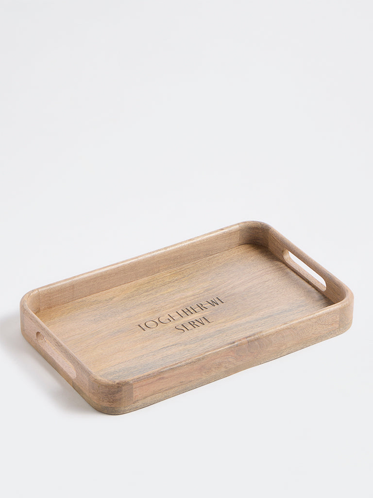Westside Home Beige Text-Detailed Wooden Rectangular Tray