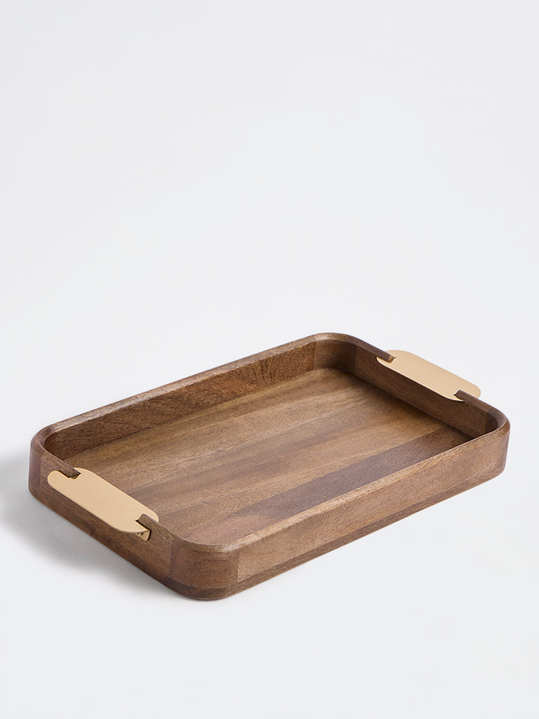 Westside Home Brown Wooden Tray with Metal Handles